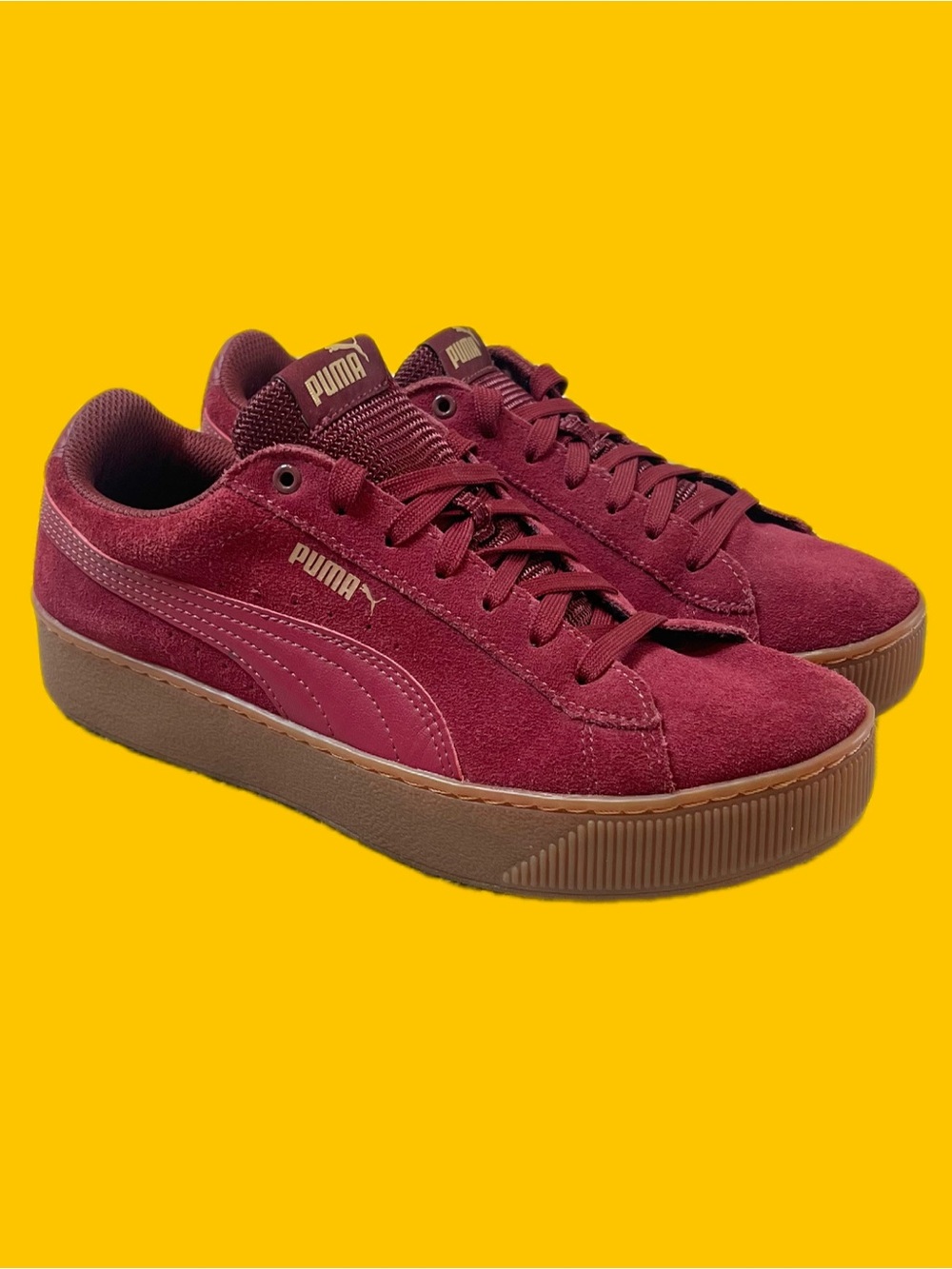 Puma Vikky Platform Burgundy Suede Sneakers Gum Sole Women’s Size 9.5
